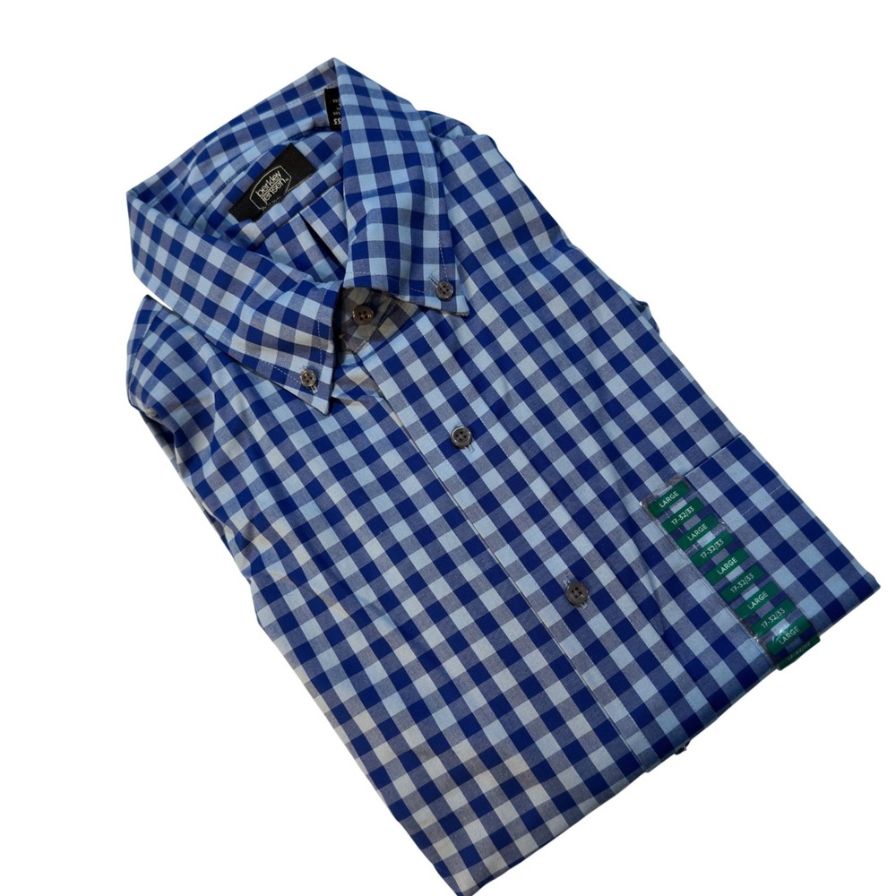 Berkley Jensen Dress Shirt Blue Gingham 100% Cotton Wrinkle Free Large 17-32/33